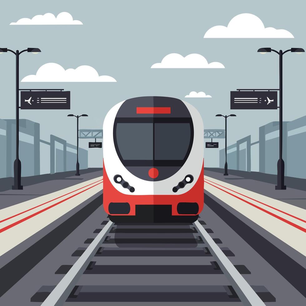 Modern train arriving at station with platform and overhead signage illustration in flat style vector