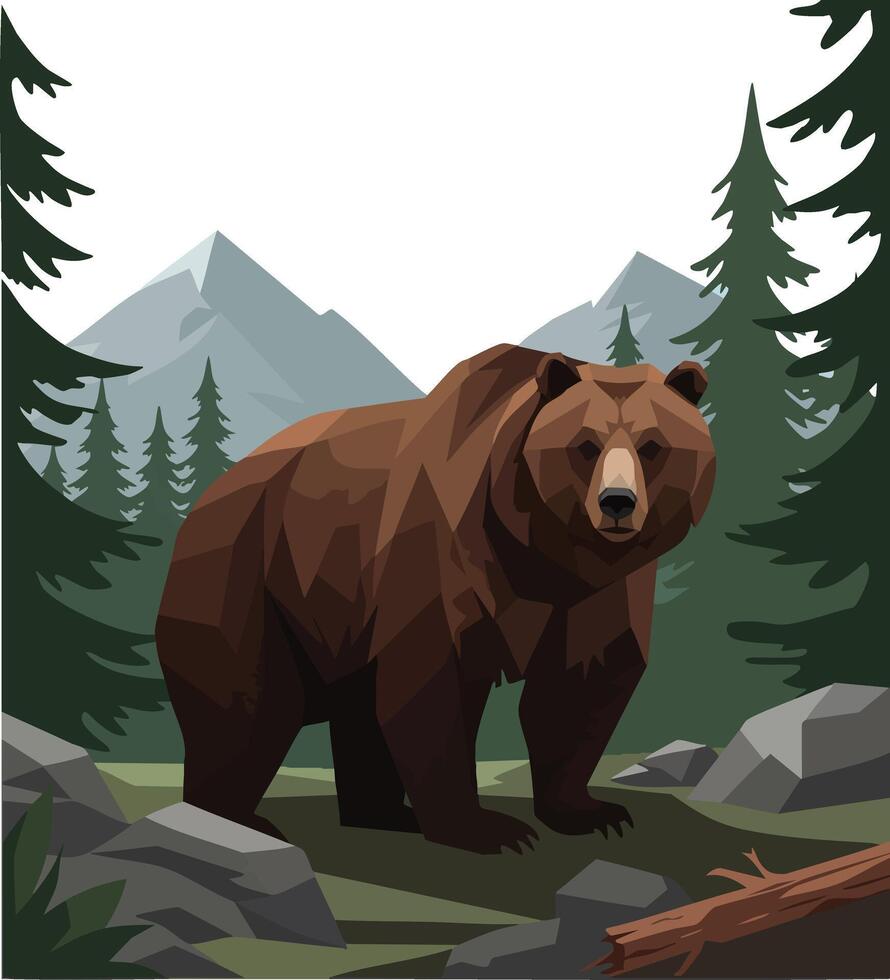 Brown bear standing in forest with pine trees and mountain background illustration natural wildlife scene vector