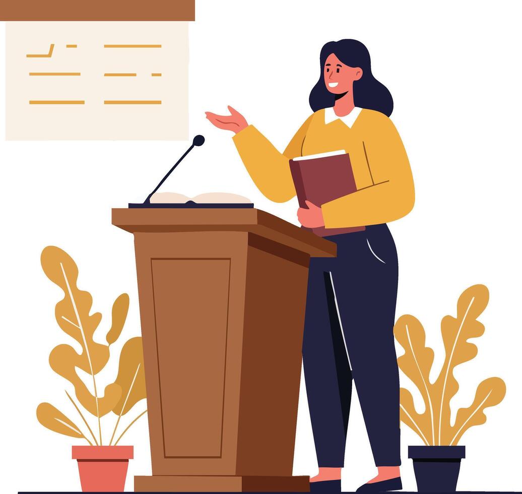 Woman giving presentation at podium with plants and projection screen illustration vector