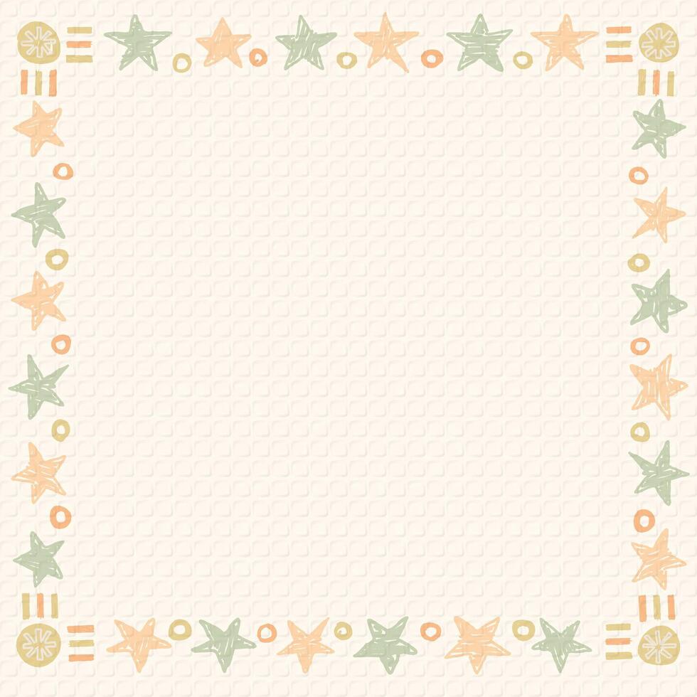 Blank square frame consists of various pastel star and circle shapes childish hand drawn style on old bond paper texture background graphic illustration. vector