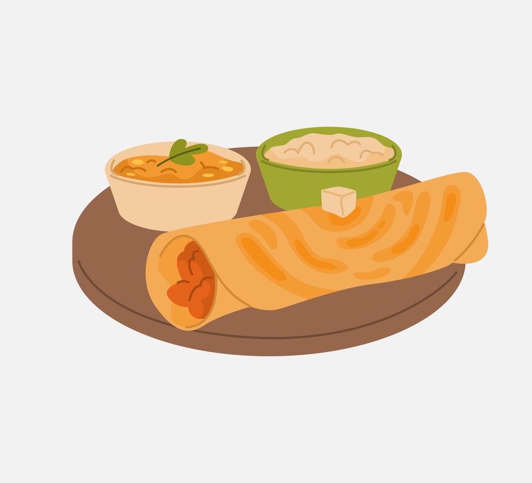 South Indian Masala Dosa with Chutney and Sambar vector
