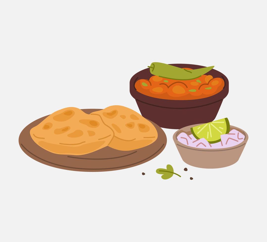 Chole Bhature Indian Dish with Onion Salad vector