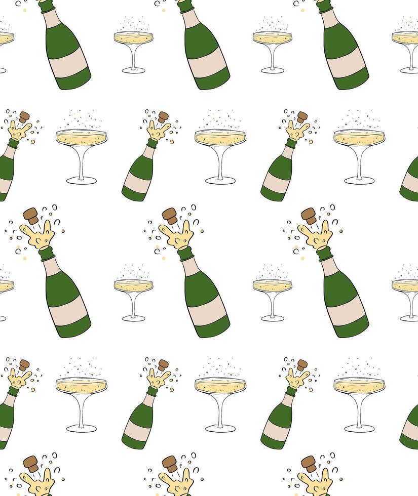 Glasses of champagne bottles and sparklers Seamless pattern. graphic line ink illustration. holiday print in sketch style illustration for package, holiday design, fabric and textile. vector