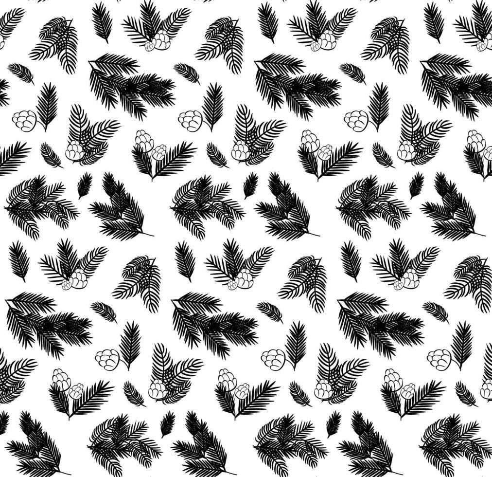 Pine branches and cones Seamless pattern. graphic line ink illustration. Winter holiday background for banners, print for fabric, labels, t-shirt printing. vector