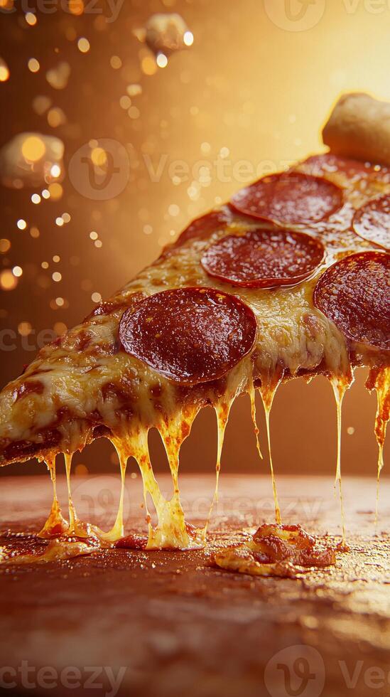 A Mouthwatering Slice of Pepperoni Pizza with Melty Cheese photo