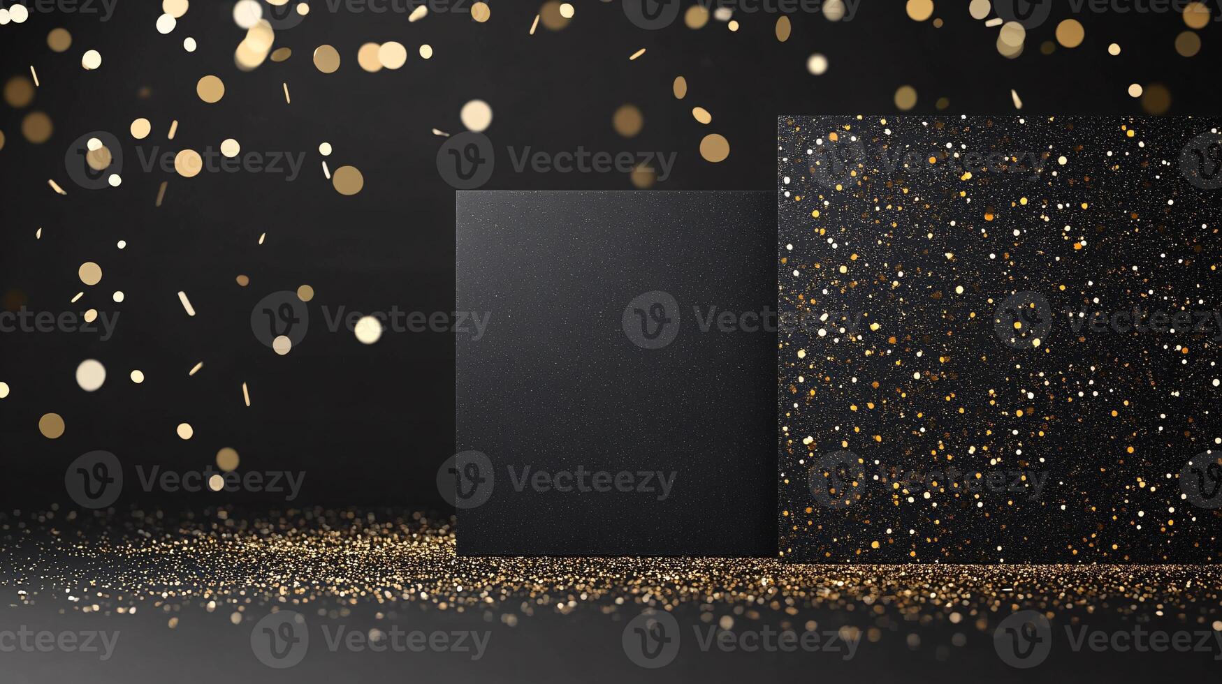 Elegant black party invite mockup adorned with sparkling gold and silver designs for New Year Eve celebrations photo