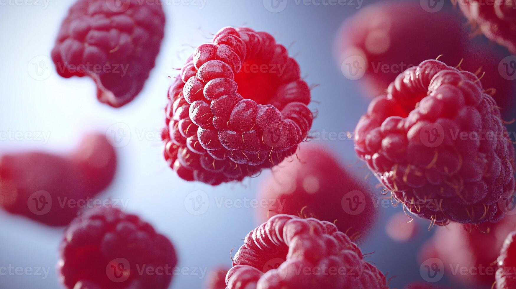 Close-Up Aerial View of Succulent Raspberries on Wooden Background photo