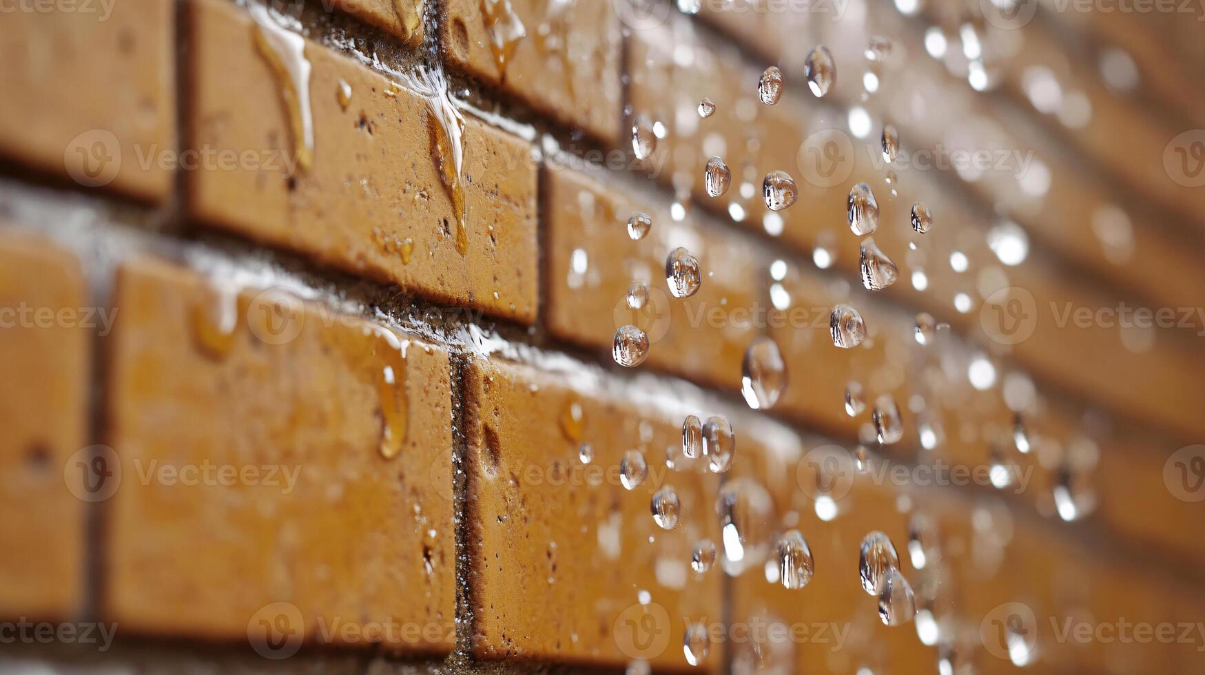 Close-Up of Raindrops Trickling Down a Weathered Brick Wall photo