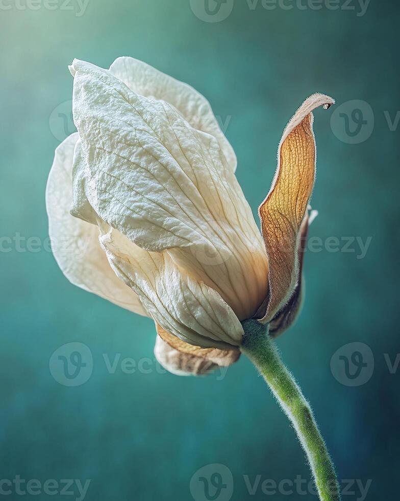 Soft Green Stem Supporting an Elegant White Magnolia Bloom in Shallow Focus photo