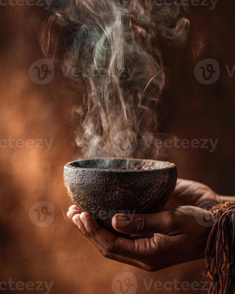 Close-Up of a Hand Grasping a Traditional Jicaras Filled with Mezcal photo