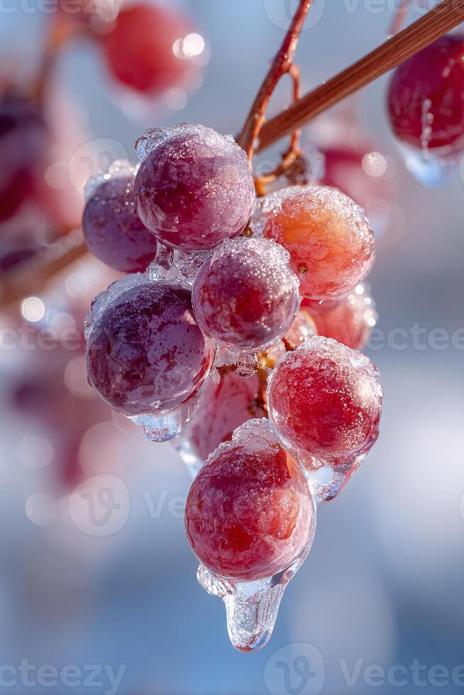 sharp textures of icy grape vines illuminated by winter's warmth photo