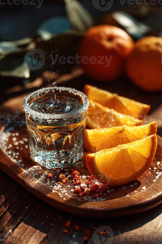 Freshly Poured Mezcal on Wooden Board Accompanied by Zesty Oranges photo