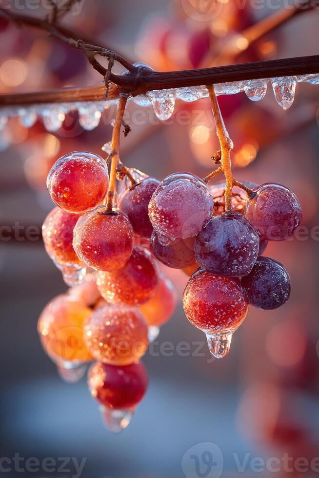 intricate detail of icicles forming on grapevine stems in winter photo