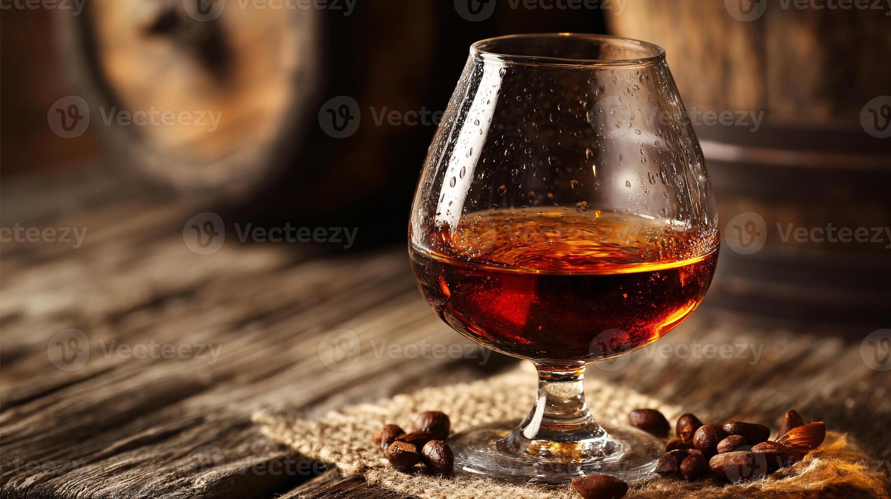 A glass of whiskey sitting on a wooden table photo