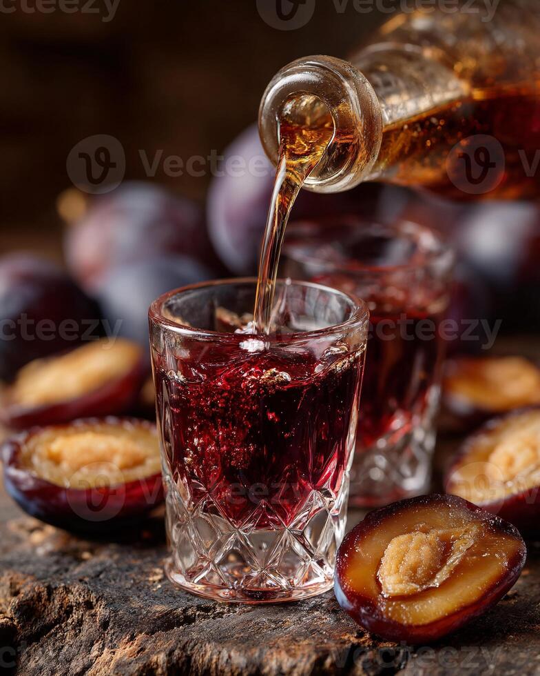 Intimate Pour of Slivovitz into a Crystal Glass Next to Dried Plums photo