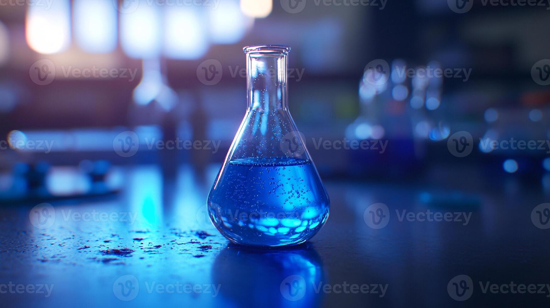 Blue Chemical Solutions in a Laboratory Beaker with a Flask photo