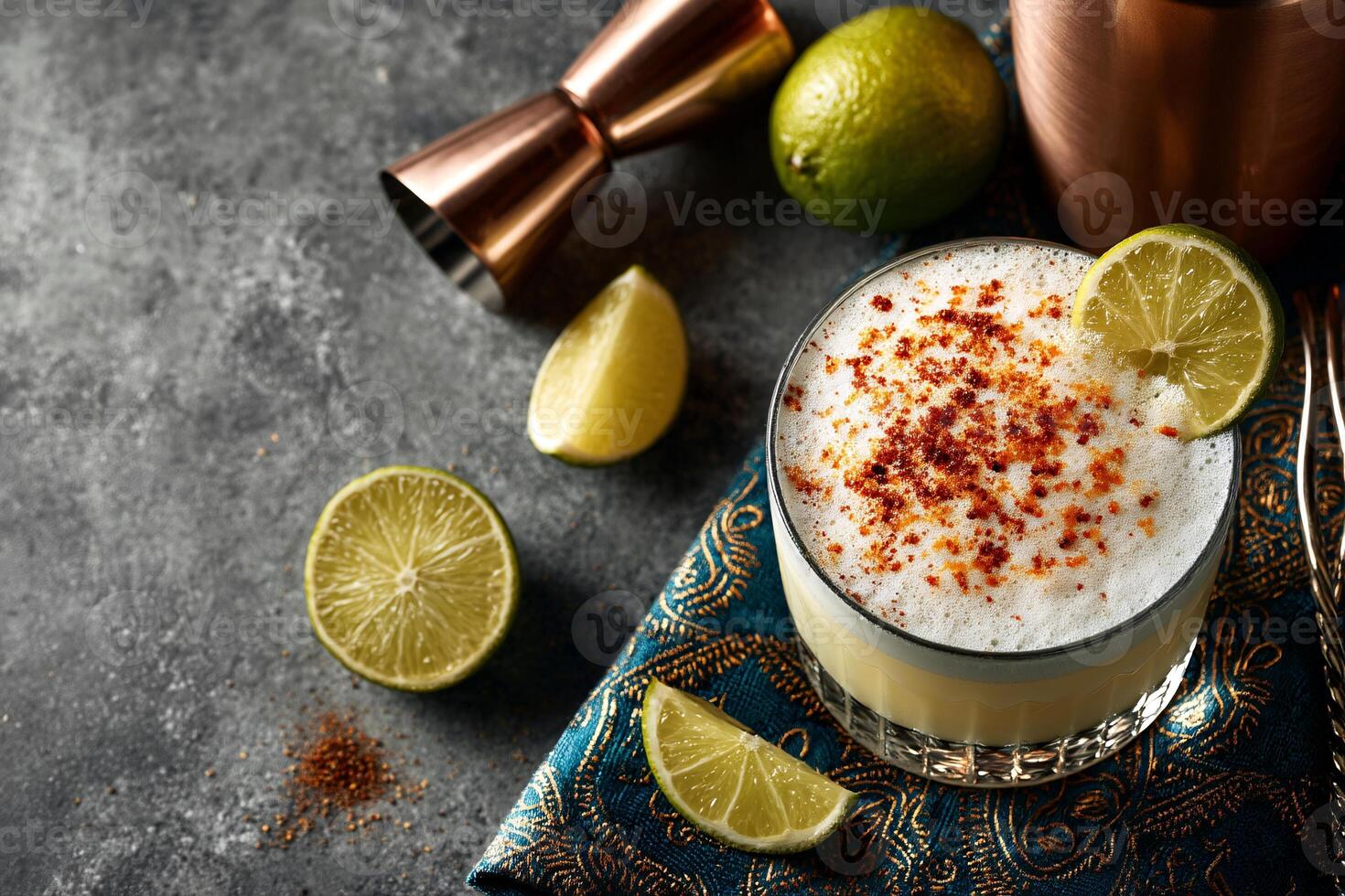 Artistic Flat Lay of Pisco Sour Cocktail Surrounded by Citrus Lime photo