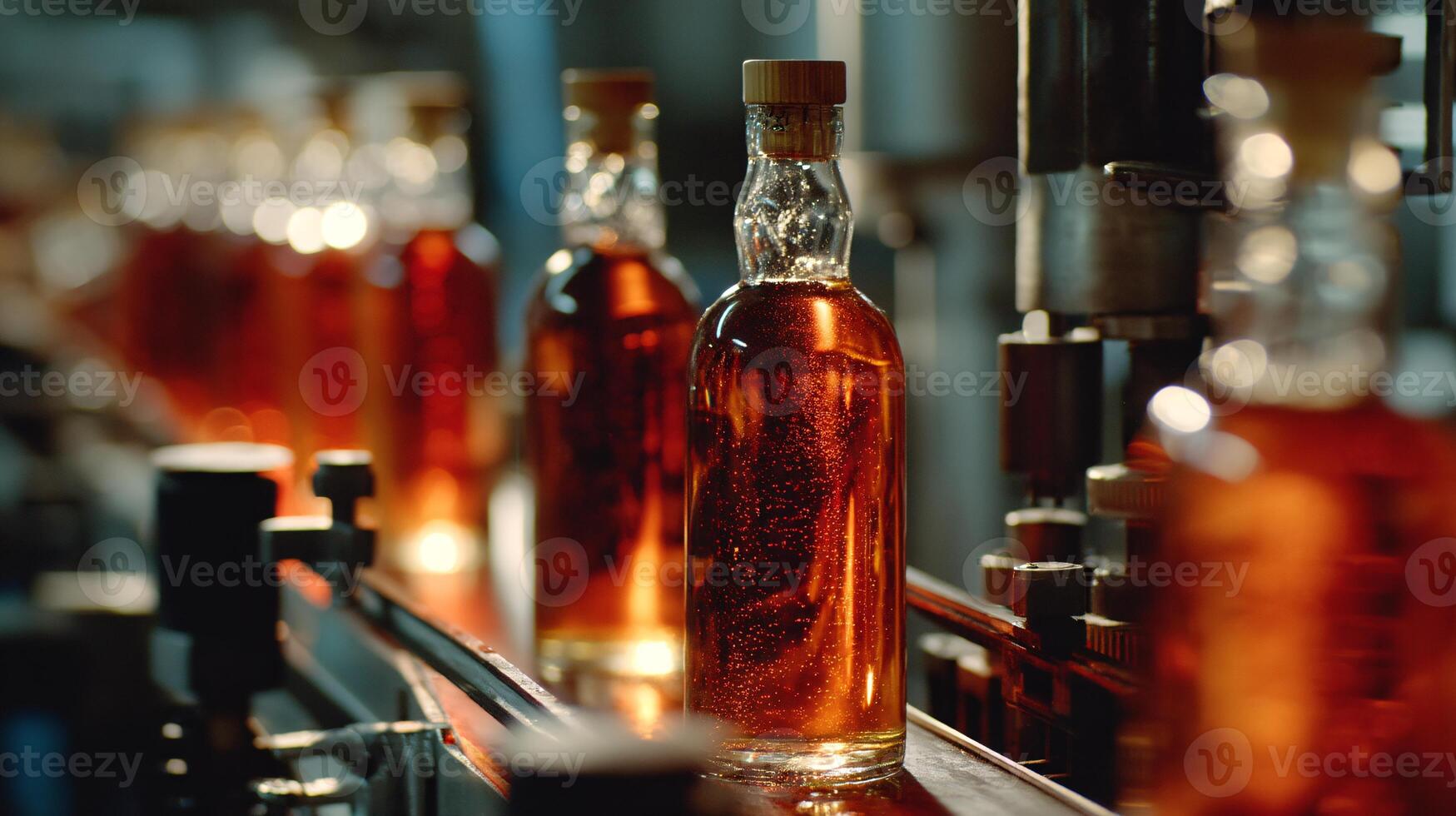 Close-Up of Glass Armagnac Bottles Being Corked in Production photo