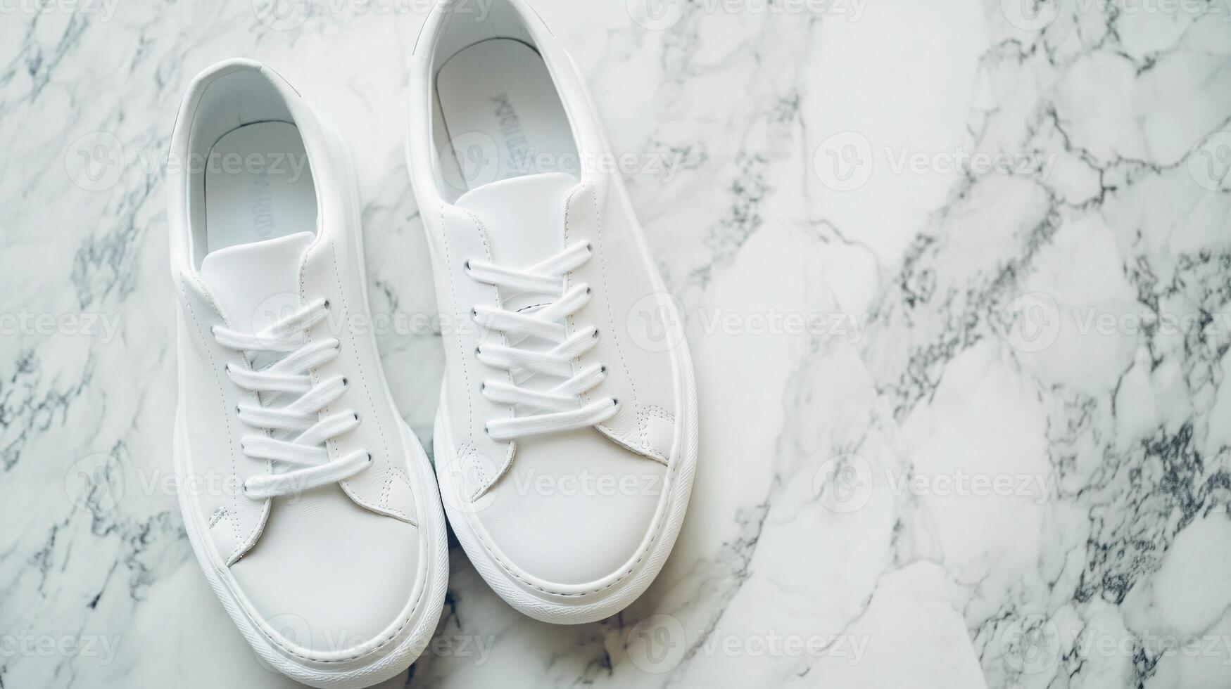 White Sneakers Resting Elegantly on a Polished Marble Surface photo