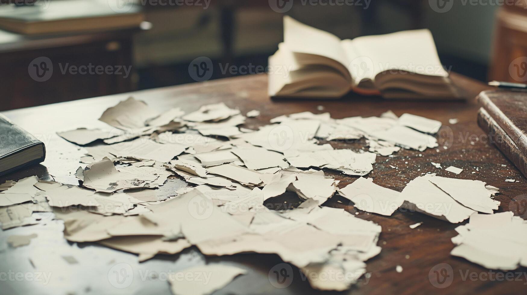 Torn stock photo licensing agreements strewn across a judge's desk
