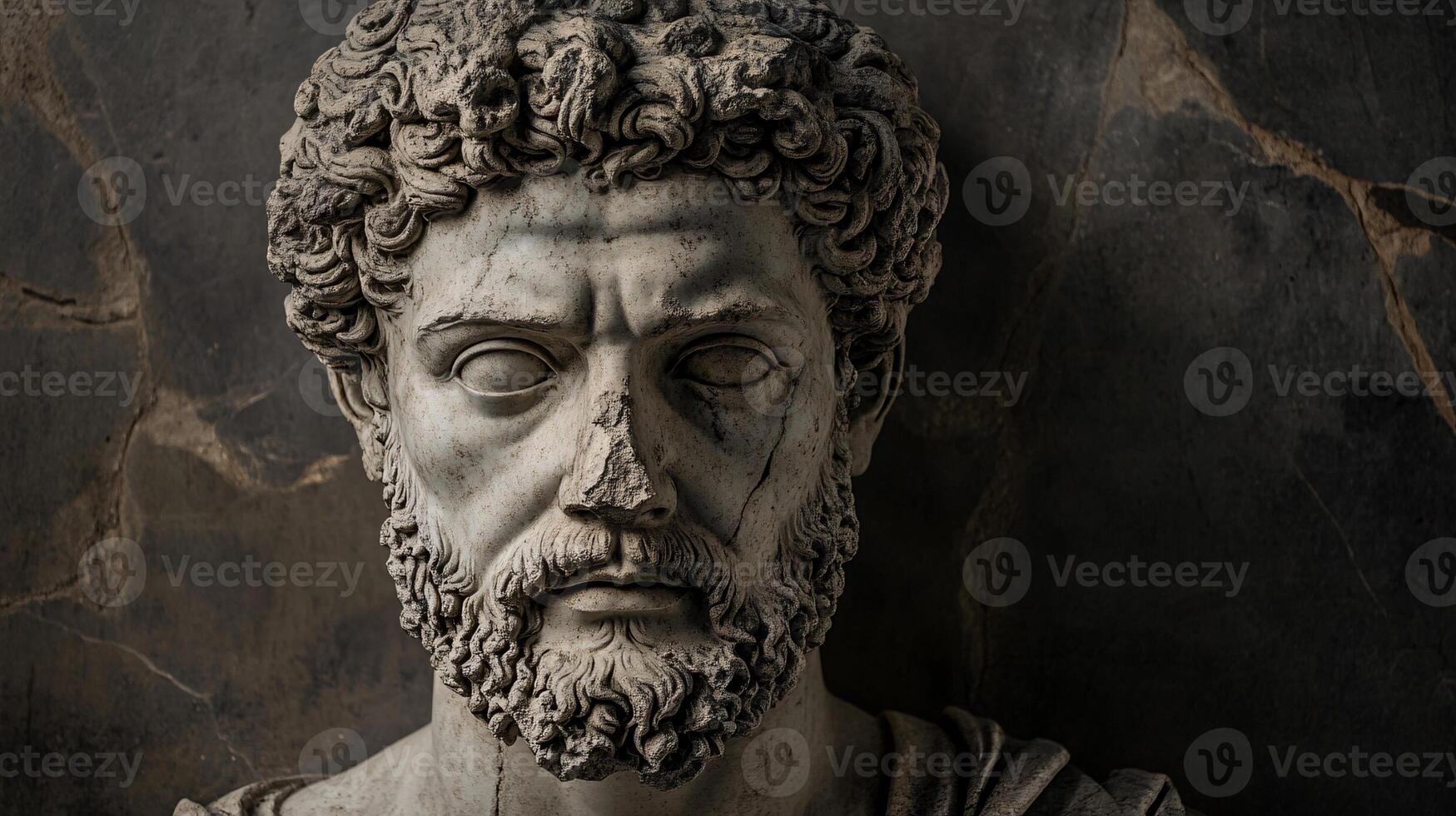 Cracked and Eroded Sculpture of Marcus Aurelius on Dark Stone photo