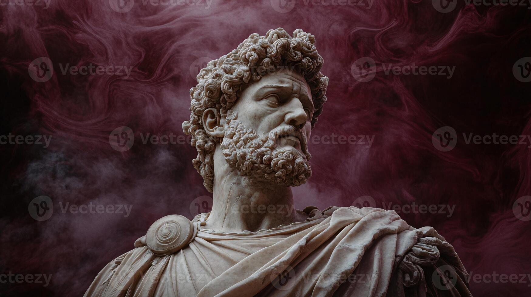 Majestic Marcus Aurelius Statue Captured in High Realism Amidst Swirling Burgundy Mist photo