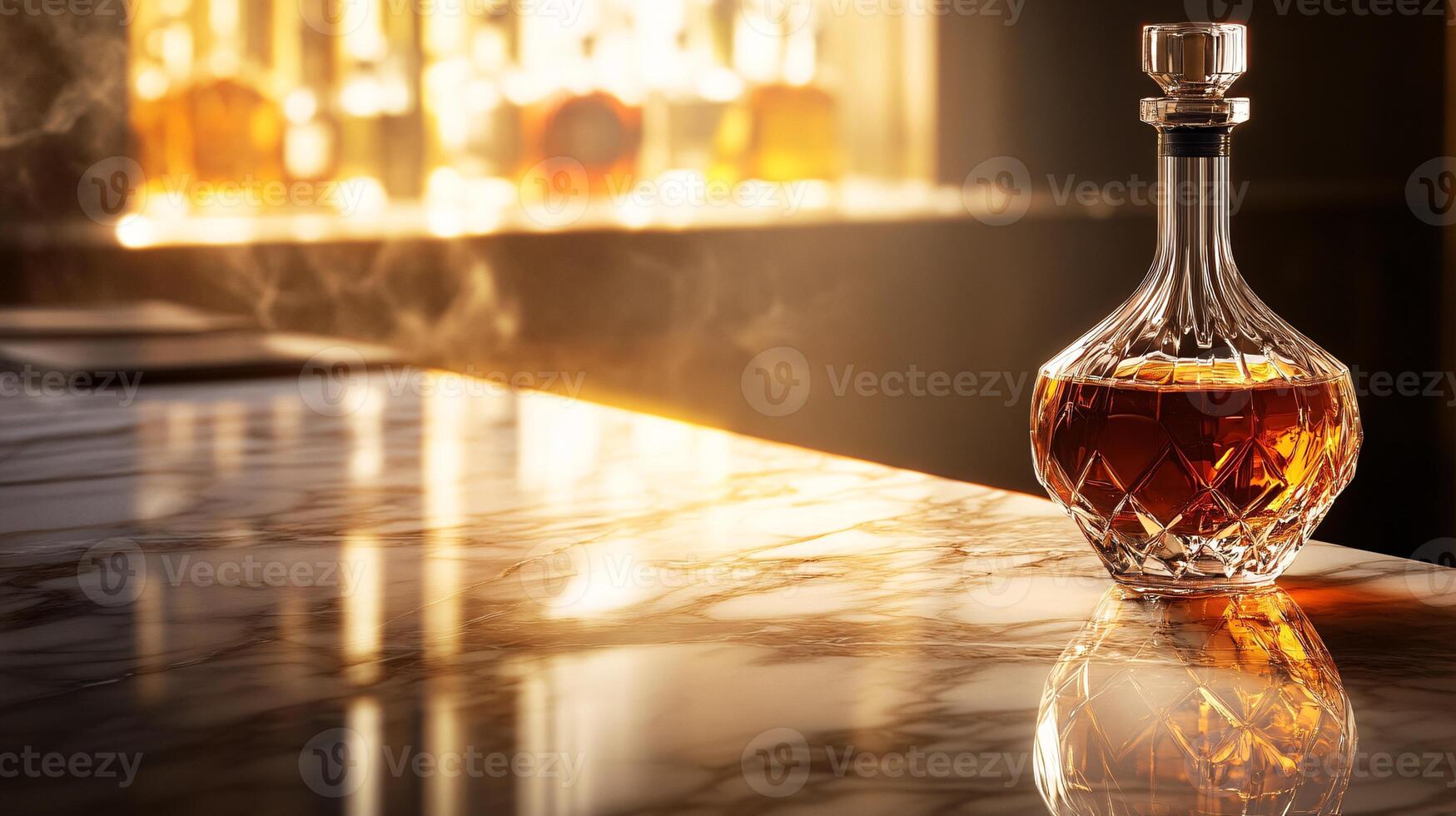Luxury cognac bottle elegantly showcased on a polished marble bar counter photo