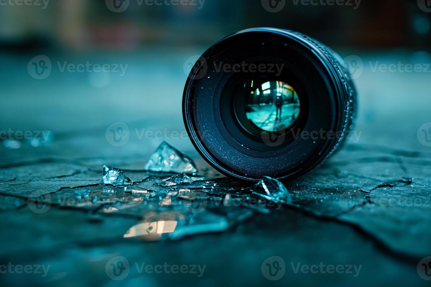 Fractured Lens Pieces Scattered Across a Frosty Studio Floor photo