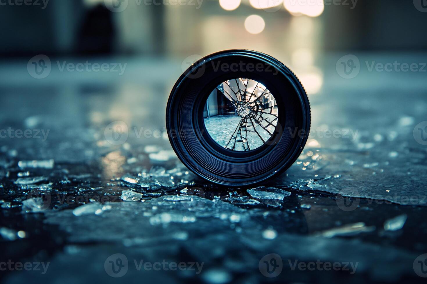 Shattered Camera Lens Resting on a Cold, Studio Floor photo