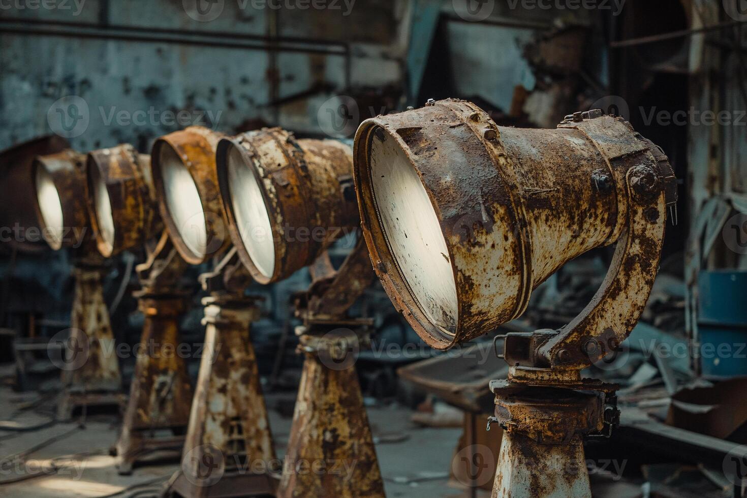 Rows of Rusted Photography Lights in a Collapsed Studio Setting photo