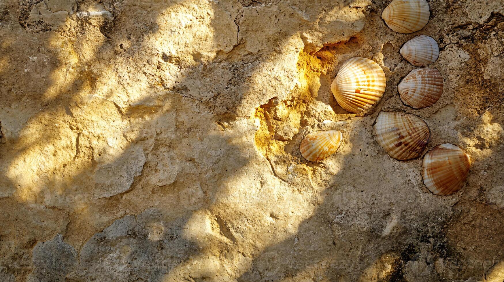 Sunlit Coastal Limestone Wall with Shell Fossils and Eroded Texture photo