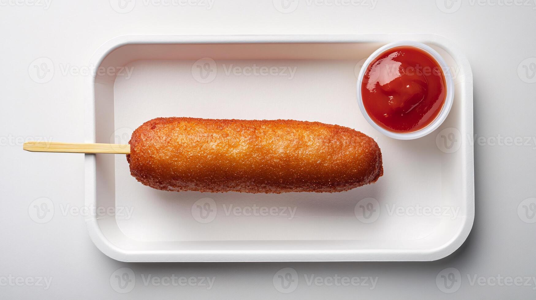 Delicious golden corn dog placed on a white tray alongside flavorful ketchup photo