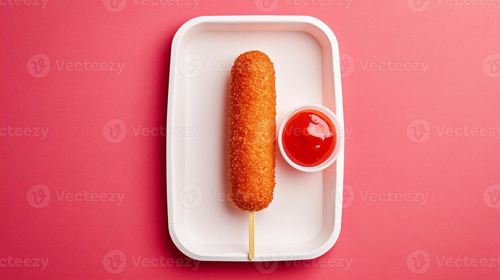 Crispy corn dog on a stick set against a clean backdrop with sauce photo