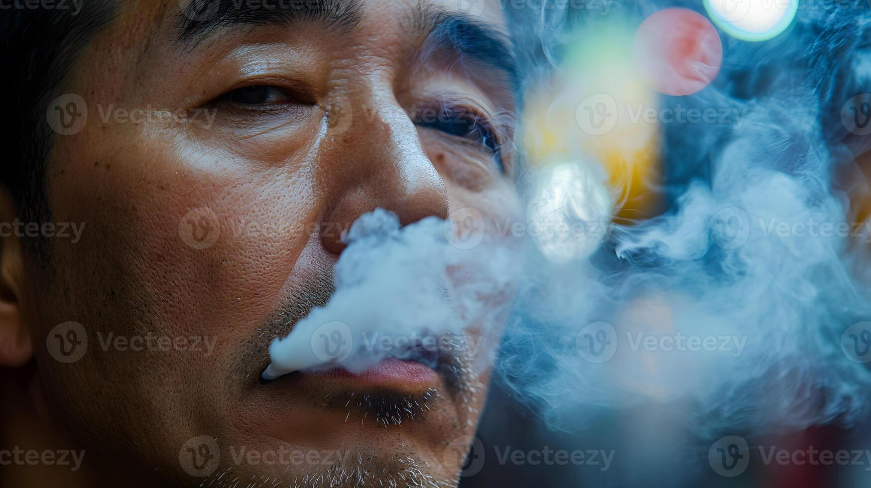 a detailed view of an Asian man deep in thought while smoking photo