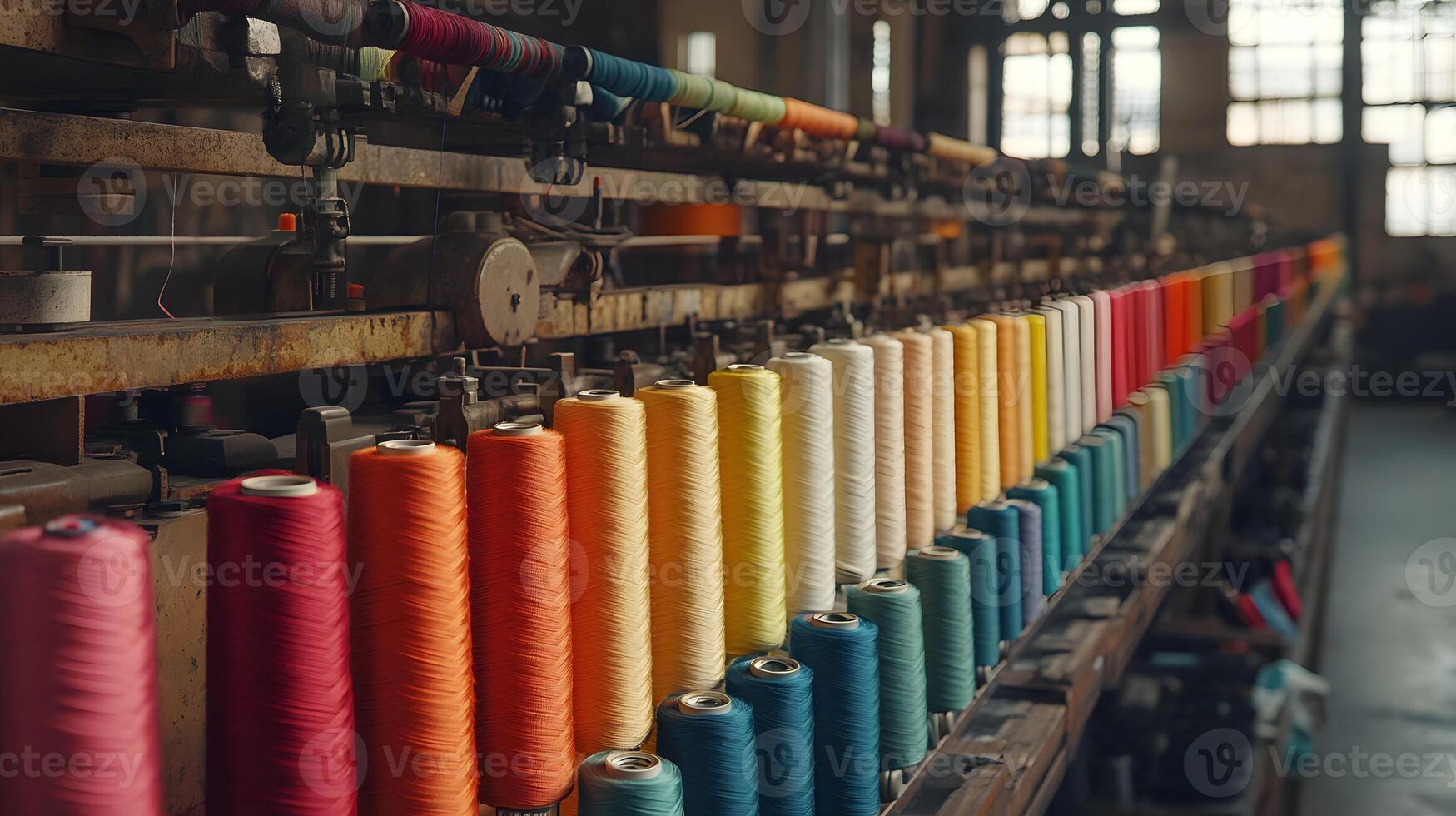 Colorful Threads Entangled in an Industrial Textile Factory Environment photo