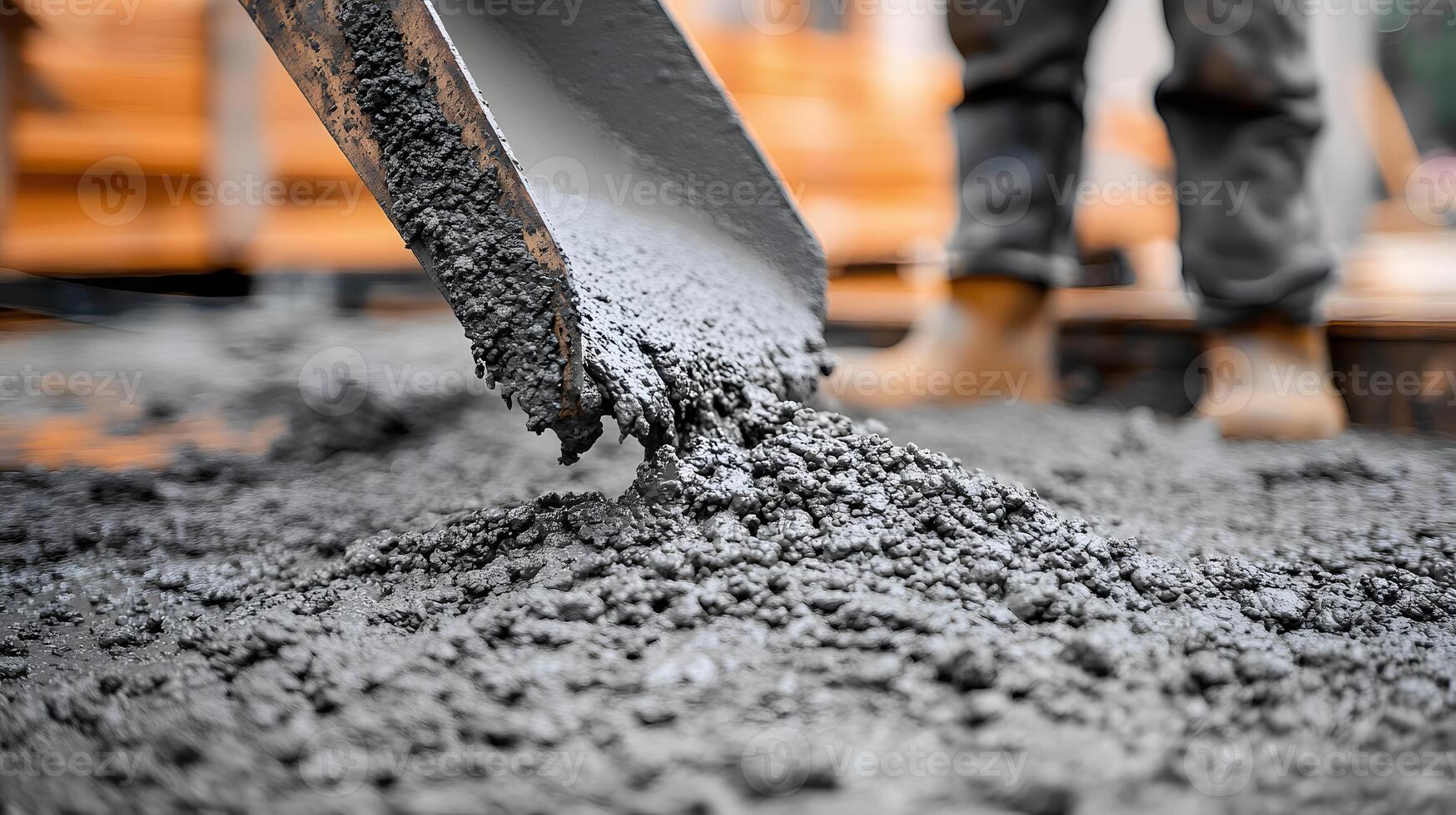 construction workers meticulously pouring fresh concrete into wooden beam formwork on a busy building site photo
