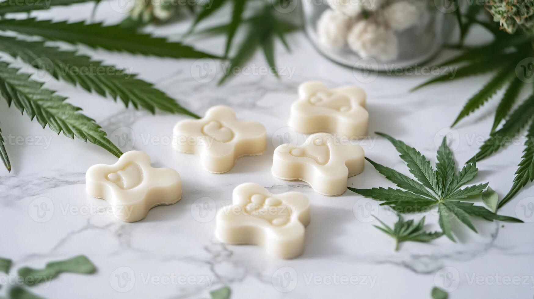 CBD Dog Treats in Bone Shapes with Cannabis Leaf and Paw Print Design photo
