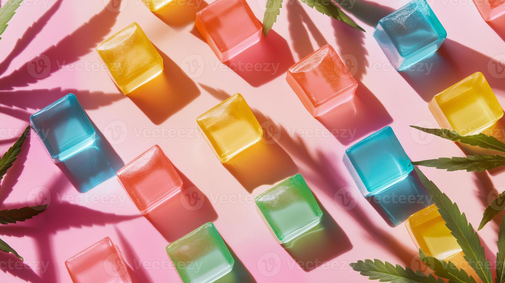 Geometric Shadows from Vibrant CBD Jelly Cubes with Cannabis Leaves photo