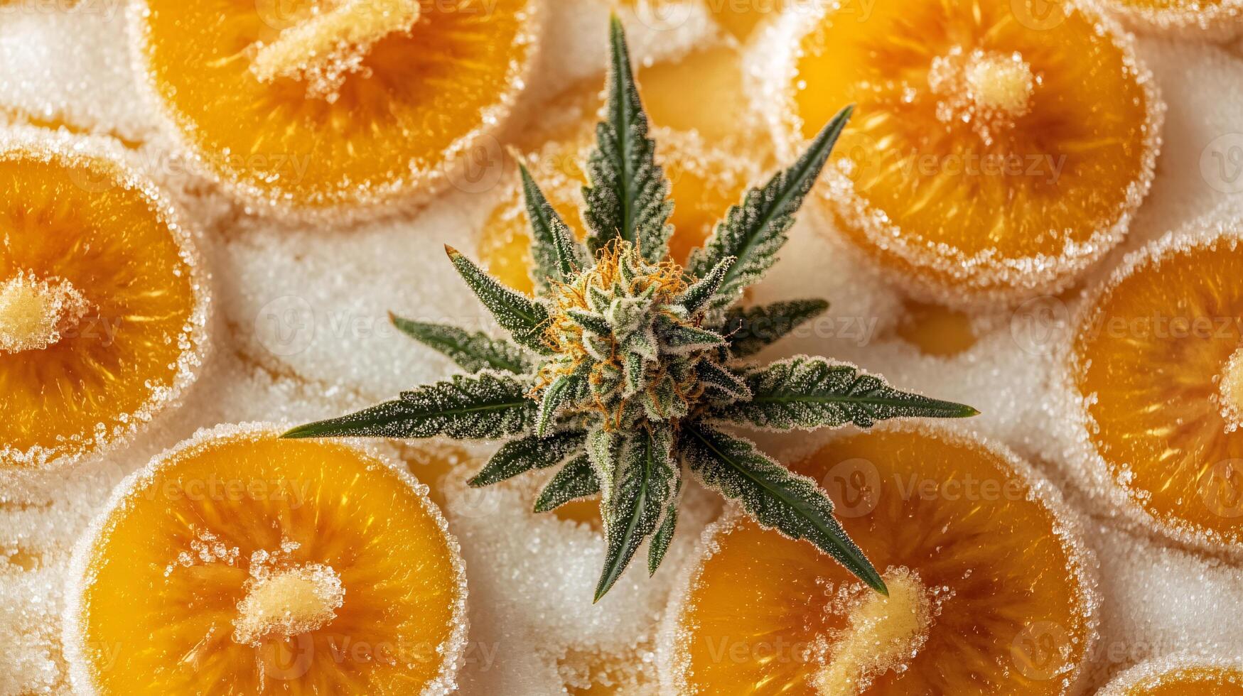 Enticing Display of Sugar-Coated CBD Fruit Slices and Cannabis Blossom photo