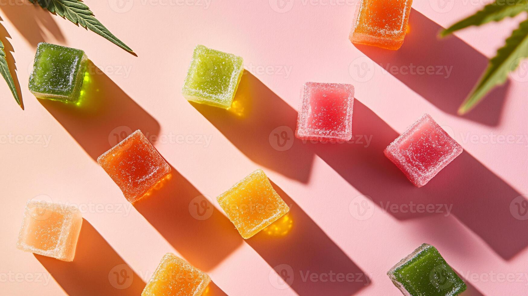 A Symmetrical Arrangement of CBD Jelly Cubes Highlighting Natural Elements photo