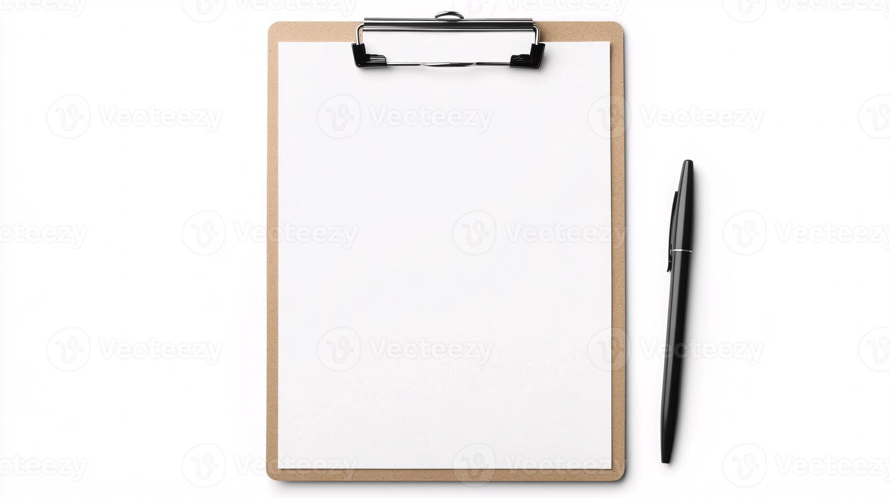 Blank Clipboard with White Sheet and Pen Against a Clean Background photo