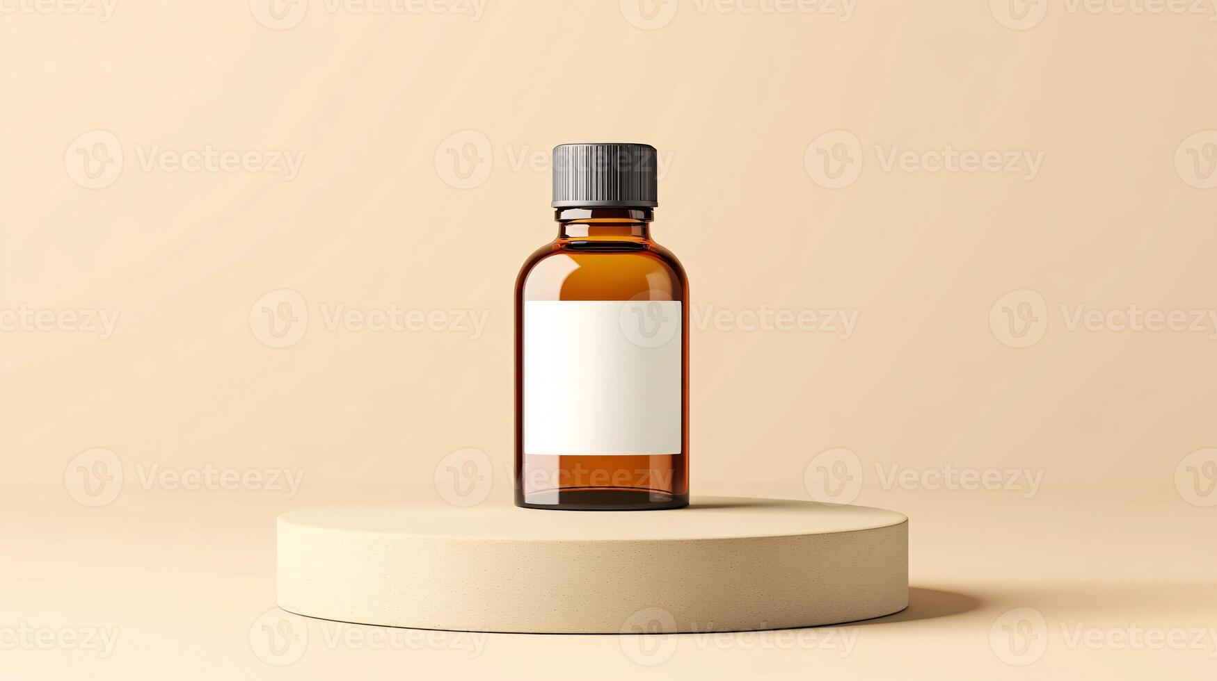 Brown Glass Dropper Bottle on Beige Podium Surrounded by Neutral Background photo
