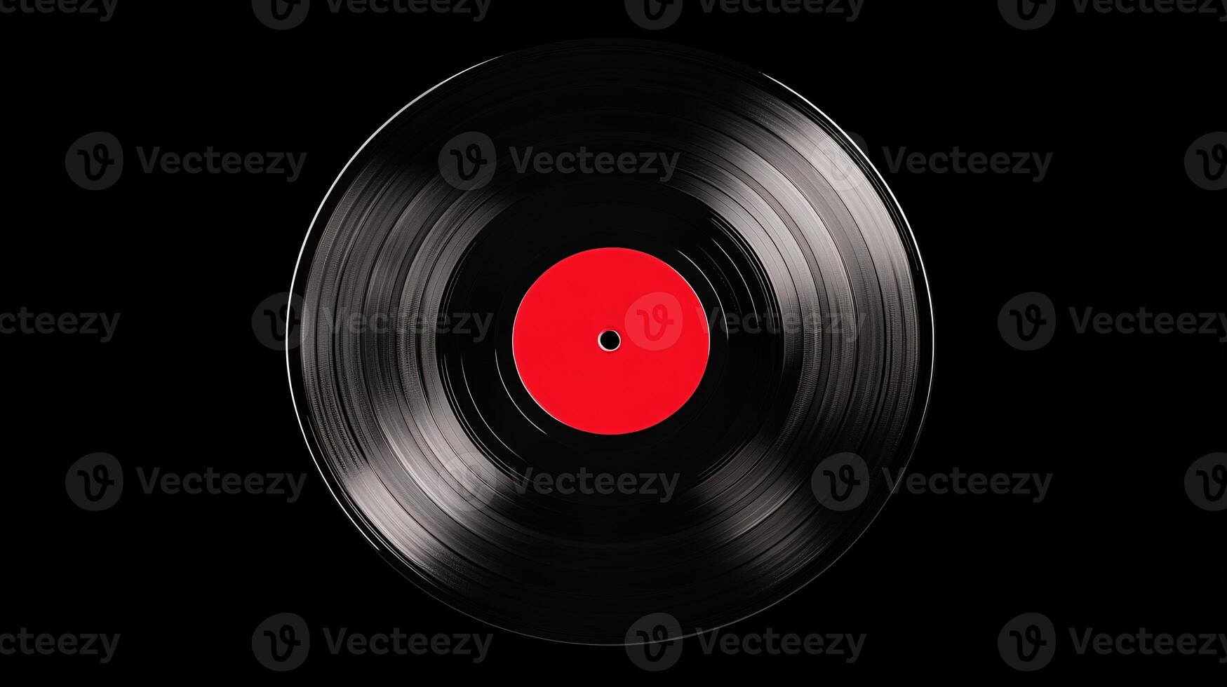 Top View Flat Lay of a Vintage Black Vinyl Record with Striking Red Label photo