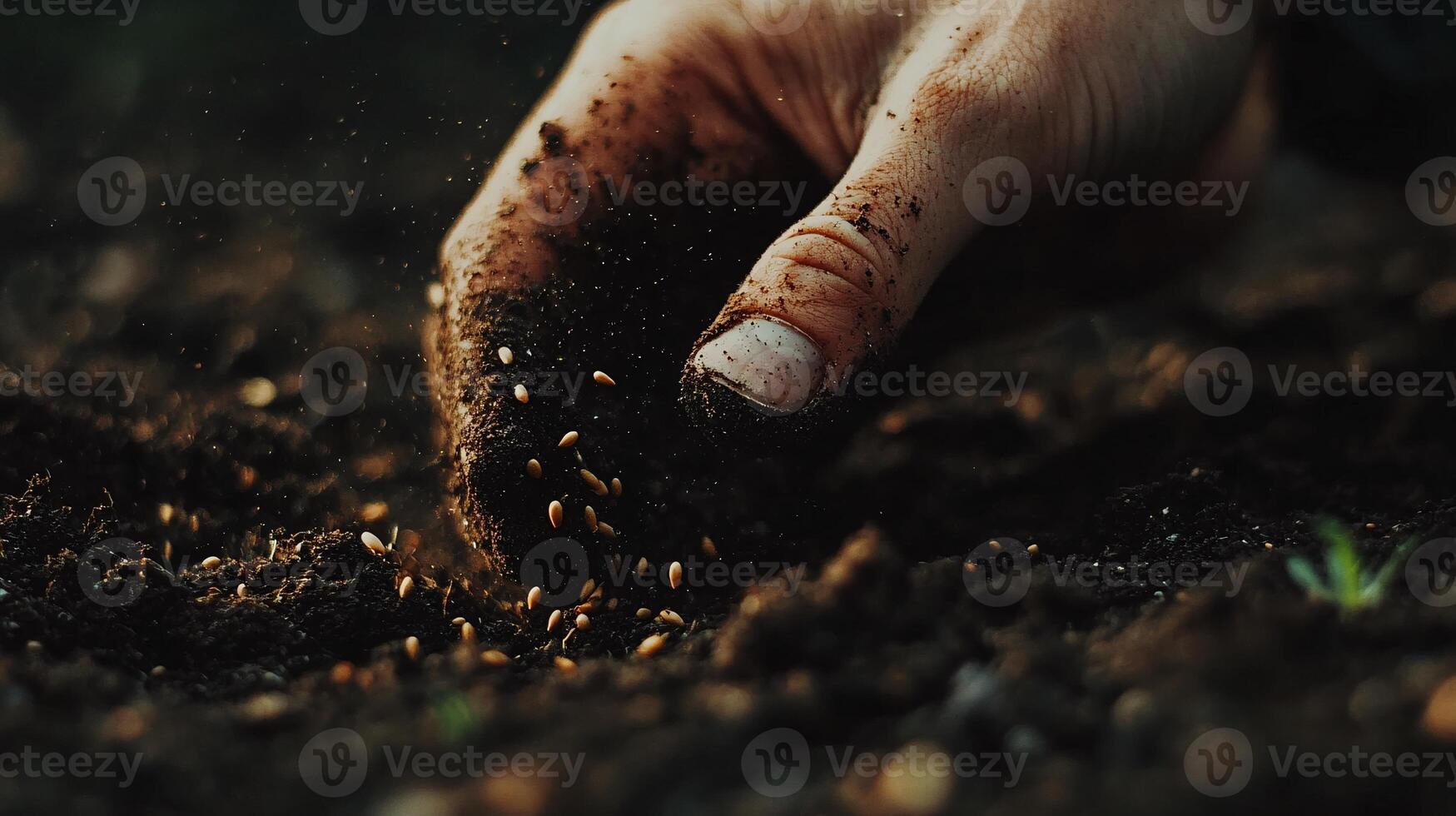 Extreme Close-Up of Green Fingers Planting Seeds into Dark Soil Mixture photo