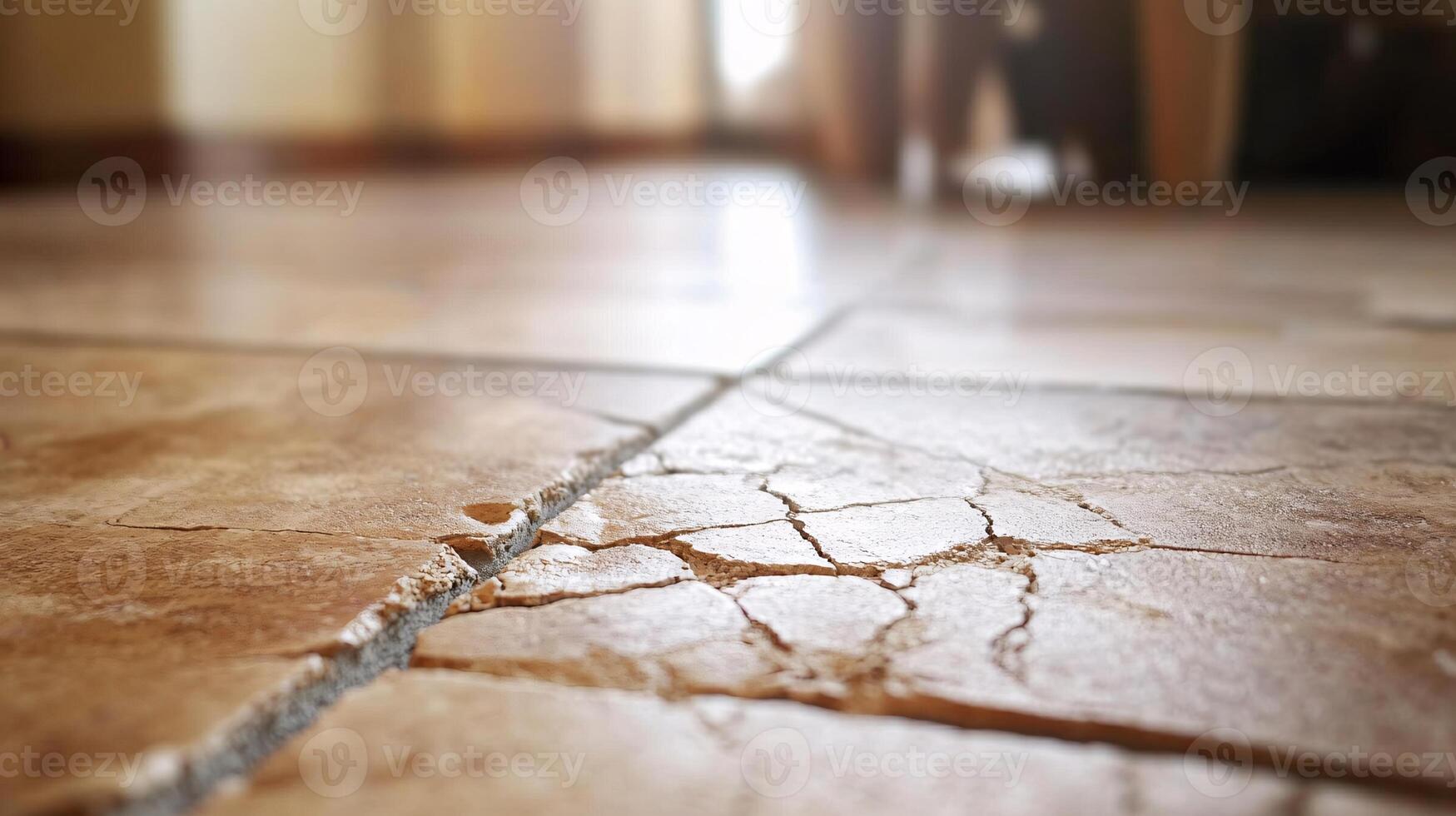 Close-Up Inspection of Cracked Floor Tiles Highlighting Vulnerable Subfloor Area photo