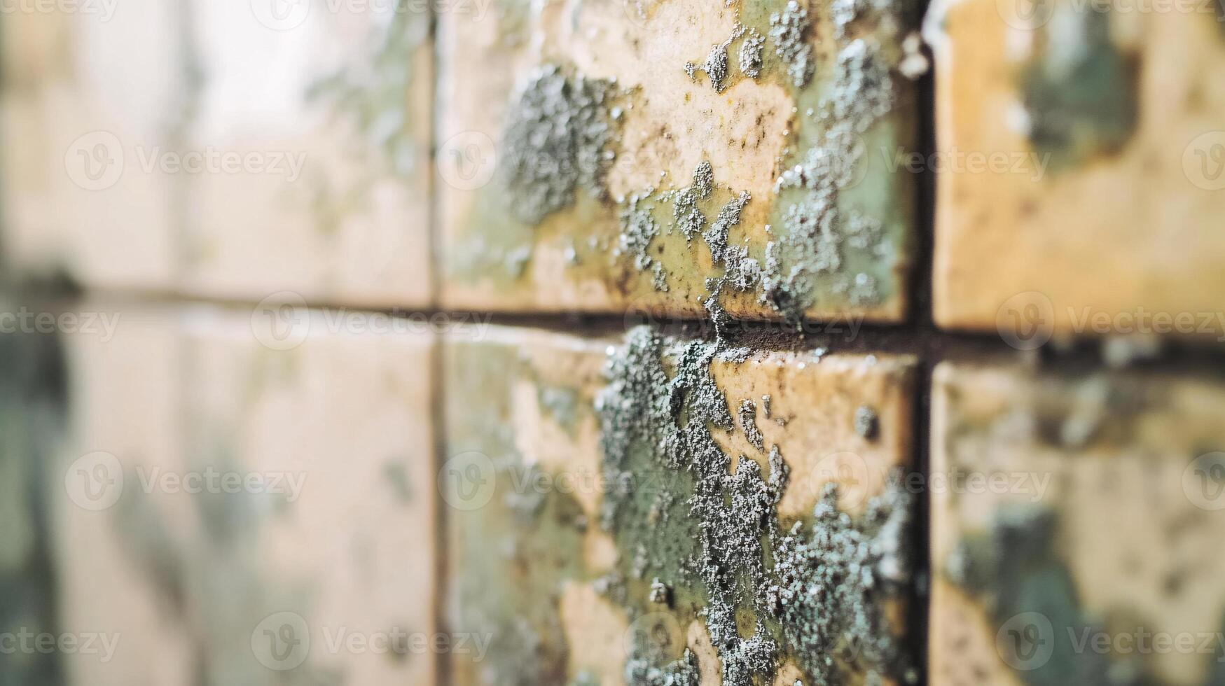 Extreme Close-Up of Vibrant Green Mold Colonies Growing Behind Kitchen Backsplash photo