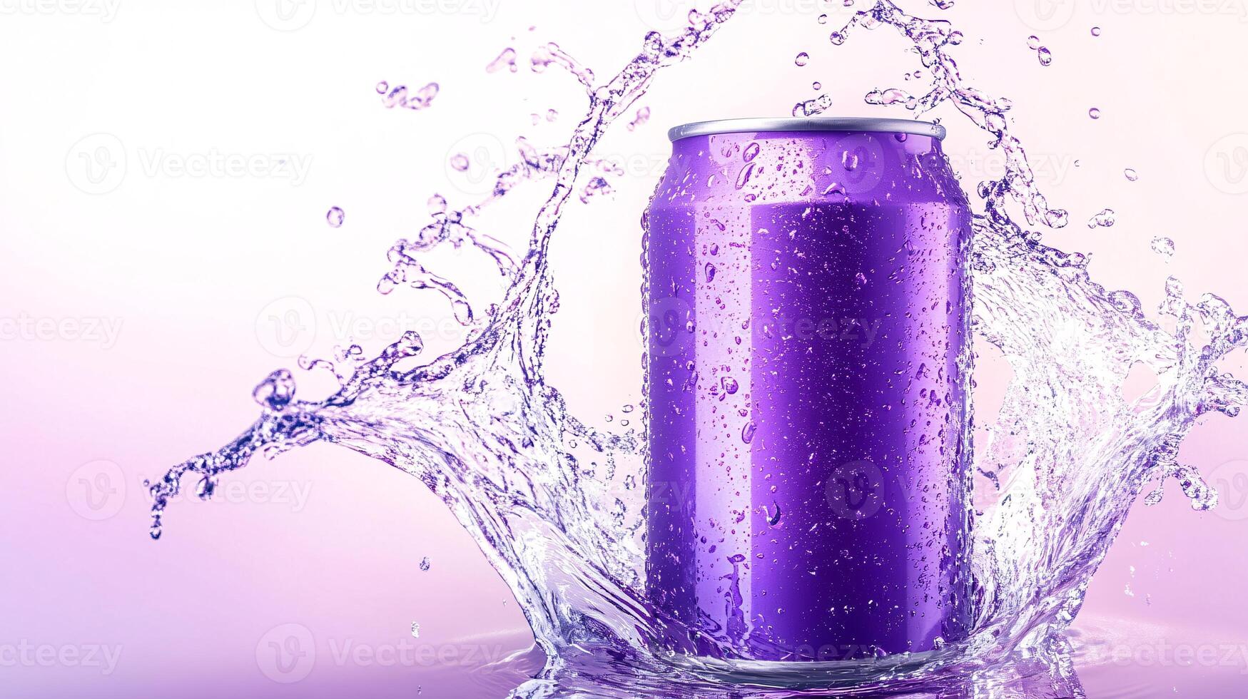 Purple soda can creating a dynamic splash in clear water photo