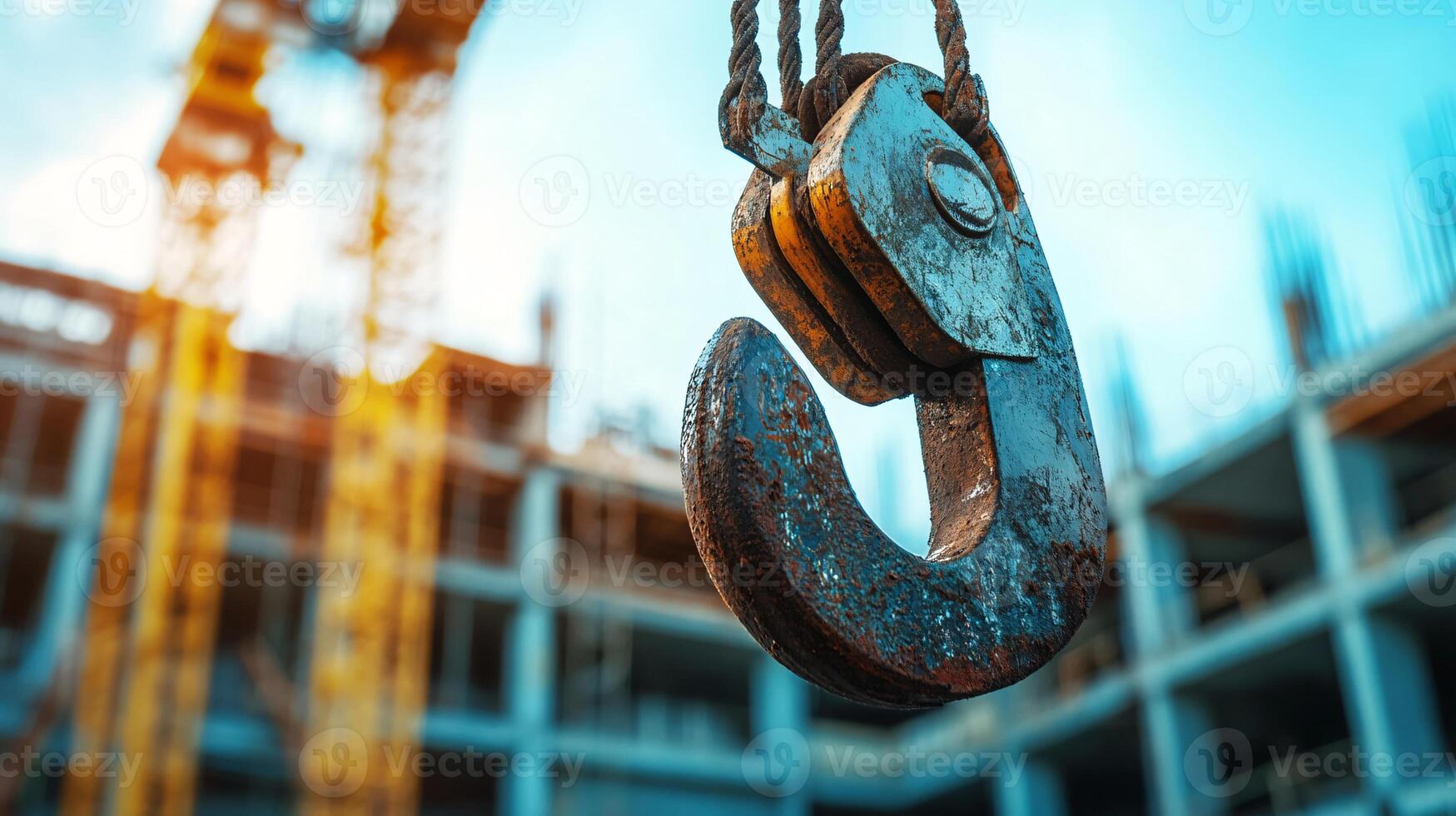 A Large Industrial Crane Hook in Sharp Focus with Blurred Construction Site Background photo