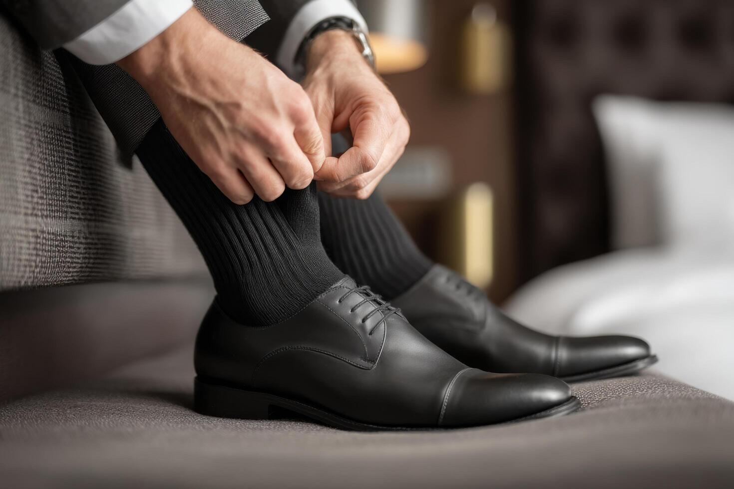 A man in a suit tying his black dress shoes photo