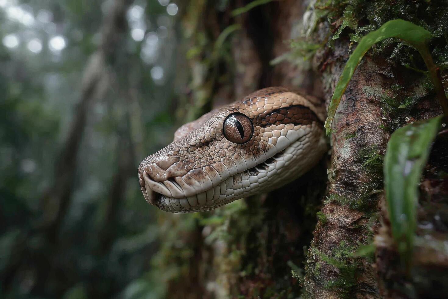 A snake is peeking out from behind a tree photo